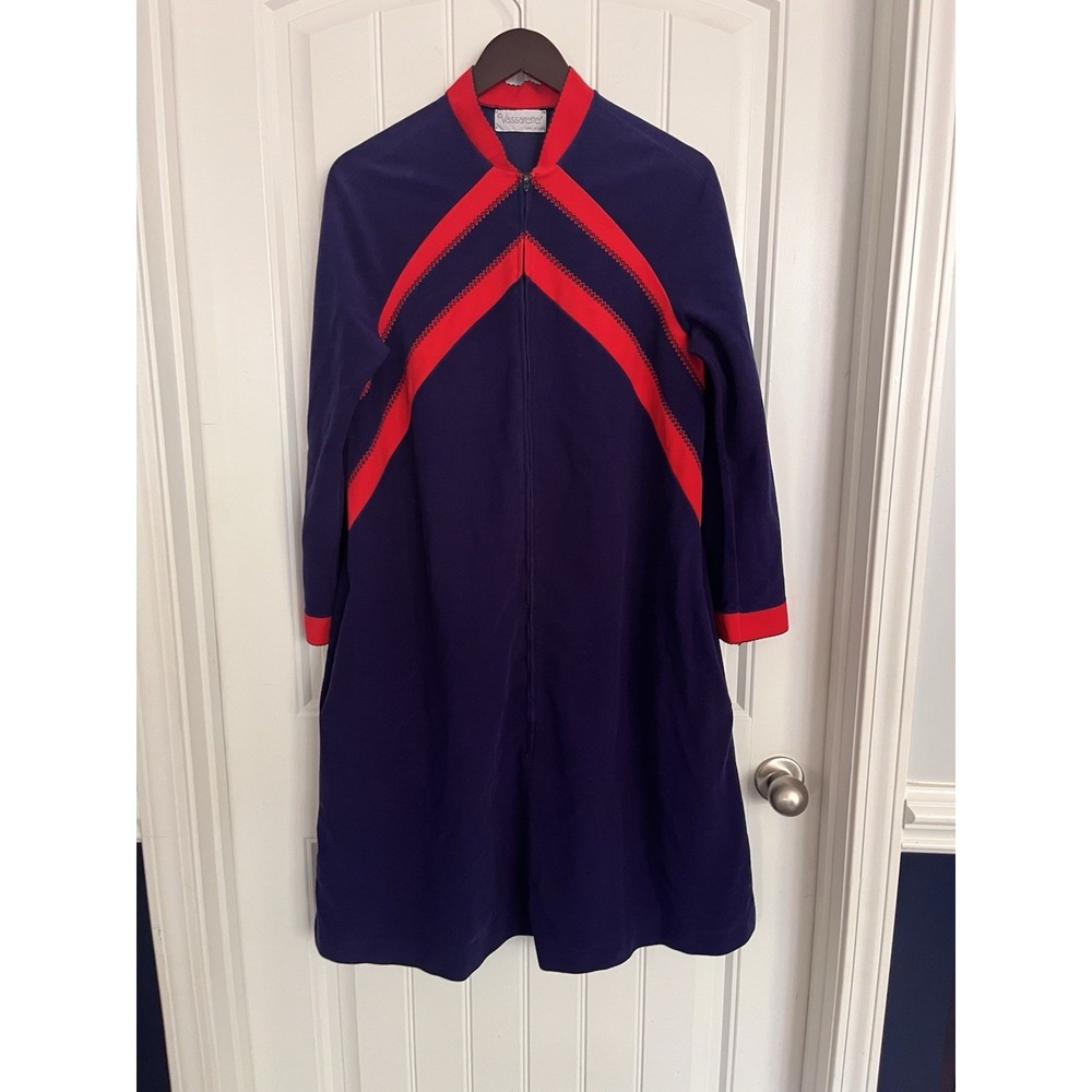 VTG Vassarette Velour Long Robe Zip Dress House Coat Med Blue Red Mrs. Roper 202 - Picture 1 of 5